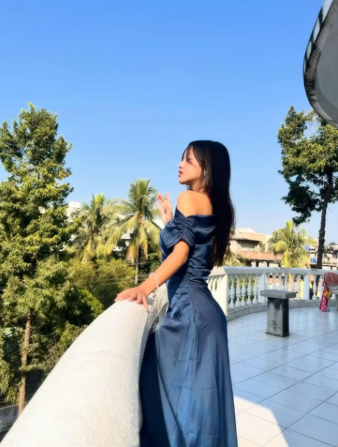 Customer photo 6 of Asymmetrical Boat Neck Ruffle Maxi Dress In Navy Blue