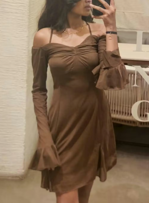 Customer photo 4 of Solid Color V-Neck Bow Tie Waist Dress In Chocolate Brown