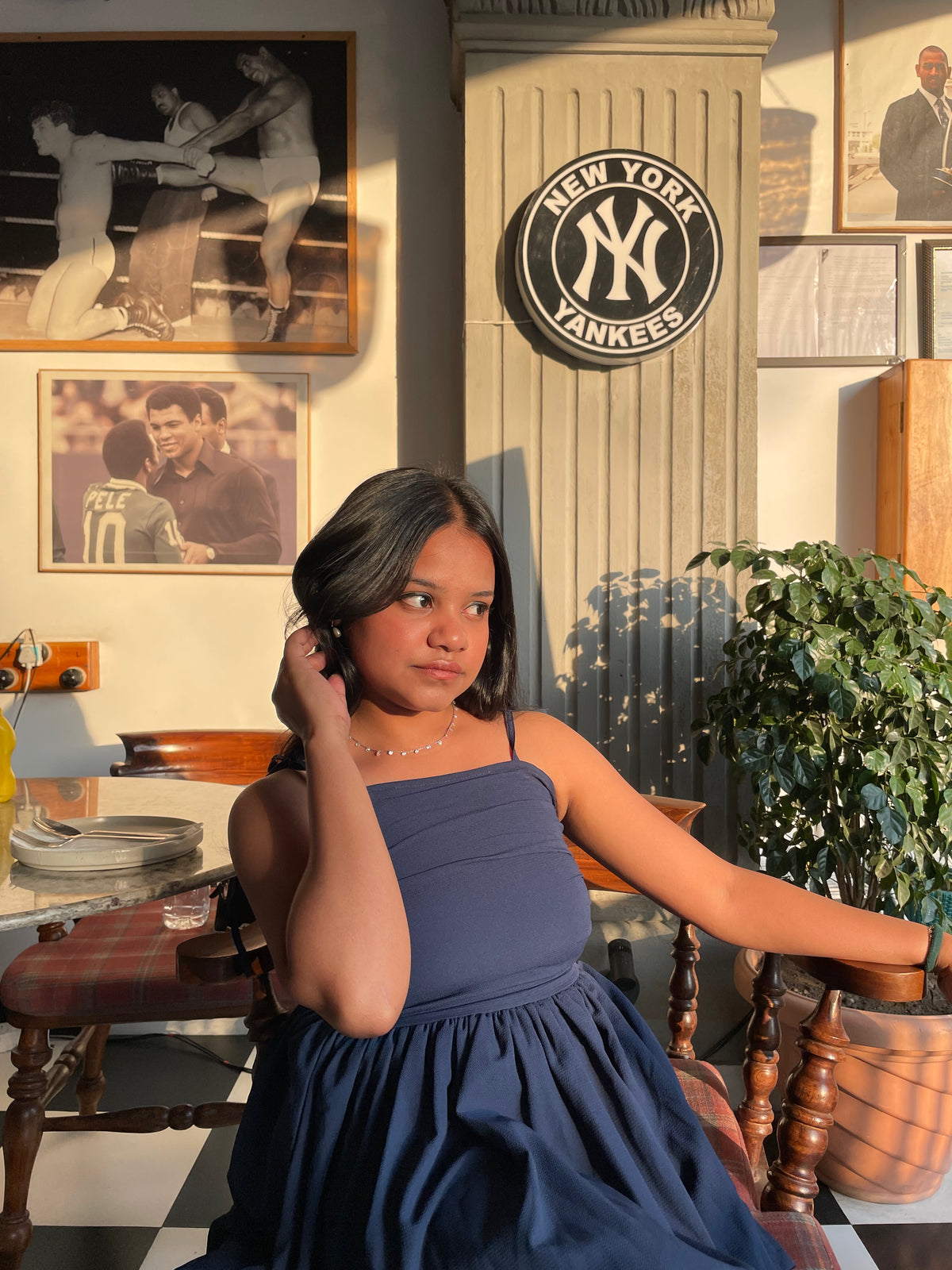 Customer photo 2 of Tie Shoulder Fit and Flare Mini Dress in Navy Blue