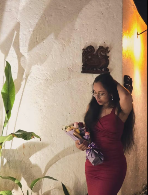 Customer photo 2 of V Neck Ruched Bodycon Fit Midi Dress in in Burgundy