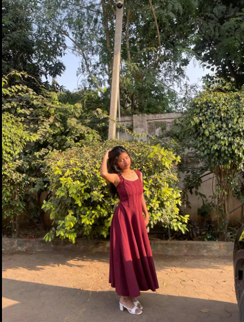 Customer photo 4 of Maroon Faux Fishbone Design Romantic One-Shoulder Dress