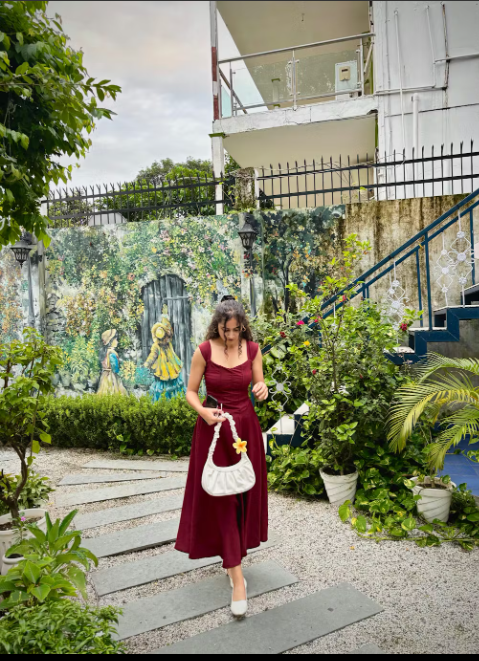 Customer photo 5 of Maroon Faux Fishbone Design Romantic One-Shoulder Dress