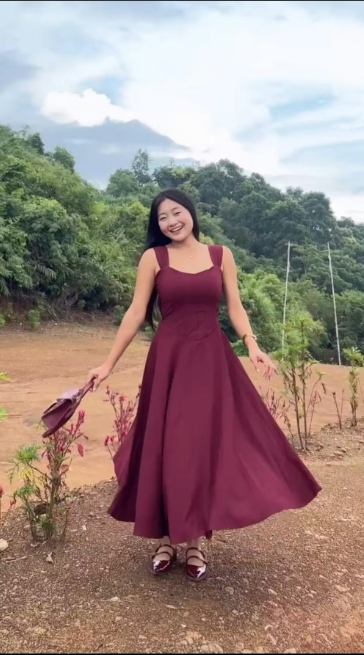 Customer photo 6 of Maroon Faux Fishbone Design Romantic One-Shoulder Dress