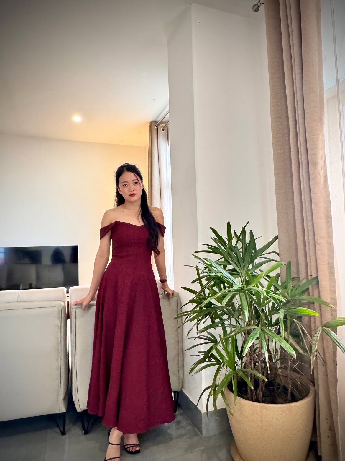 Customer photo 1 of Maroon Faux Fishbone Design Romantic One-Shoulder Dress