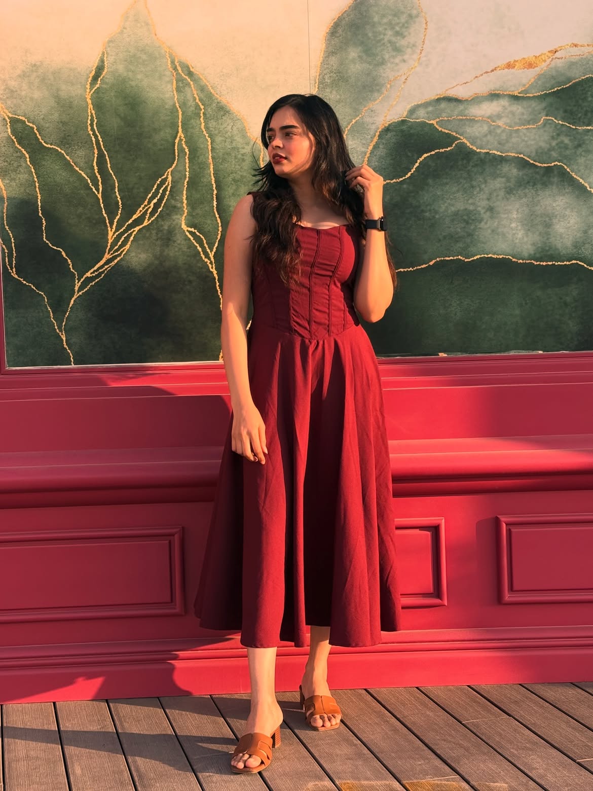 Customer photo 3 of Maroon Faux Fishbone Design Romantic One-Shoulder Dress