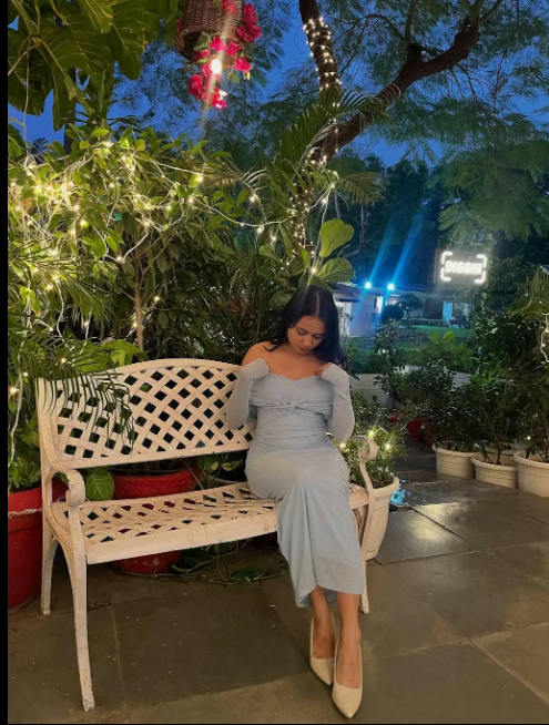 Customer photo 3 of Off Shoulder Mesh Ruched Fitted Dress With Long Sleeve In Dusty Blue