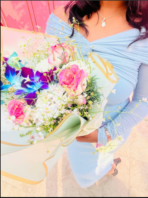 Customer photo 6 of Off Shoulder Mesh Ruched Fitted Dress With Long Sleeve In Dusty Blue