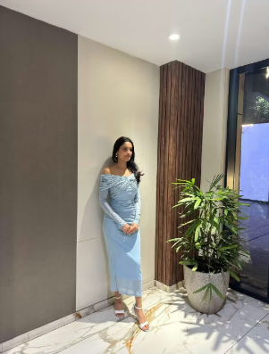 Customer photo 7 of Off Shoulder Mesh Ruched Fitted Dress With Long Sleeve In Dusty Blue