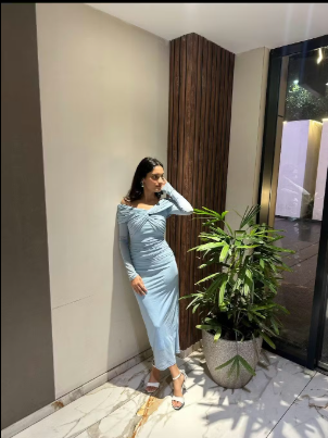Customer photo 9 of Off Shoulder Mesh Ruched Fitted Dress With Long Sleeve In Dusty Blue