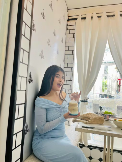 Customer photo 10 of Off Shoulder Mesh Ruched Fitted Dress With Long Sleeve In Dusty Blue