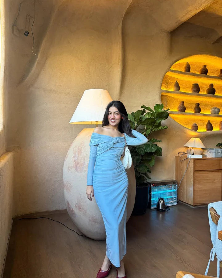 Customer photo 2 of Off Shoulder Mesh Ruched Fitted Dress With Long Sleeve In Dusty Blue