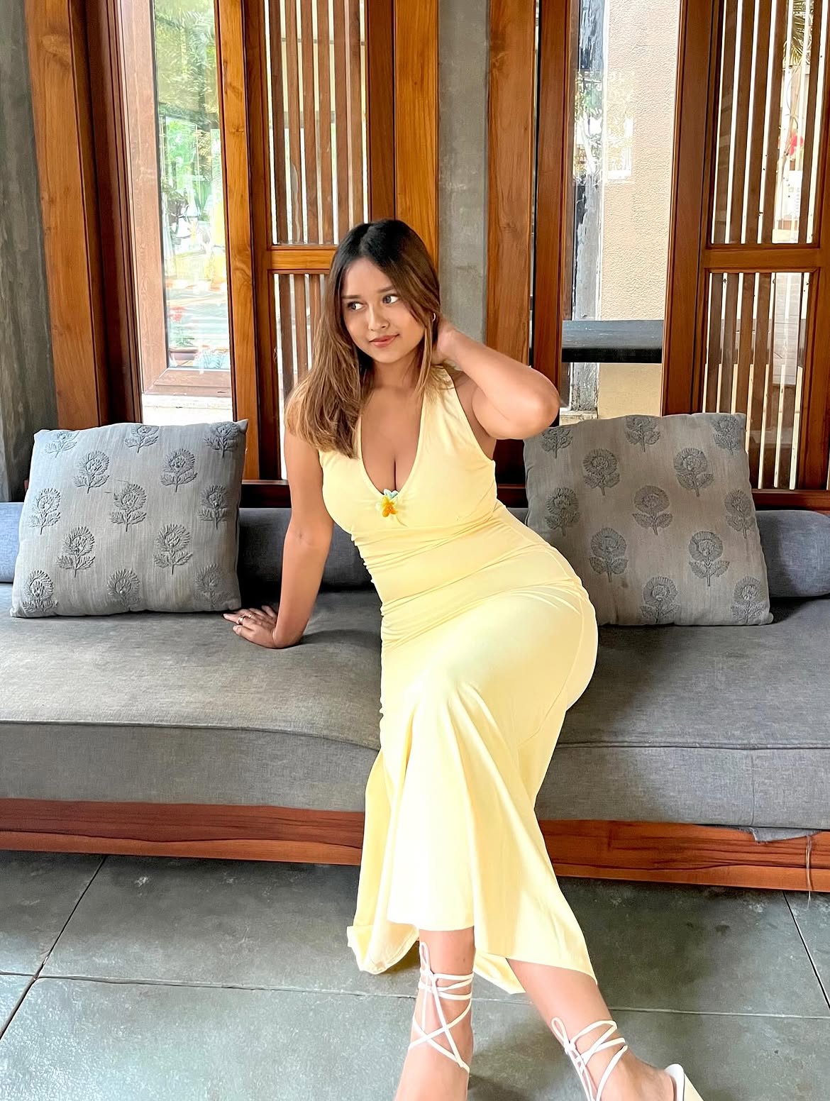 Customer photo 3 of Deep V Neck Halter Backless Maxi Dress in Vanilla