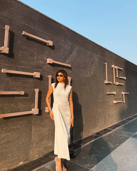 Customer photo 2 of High Neck Draped Waist Maxi Dress in Milky White