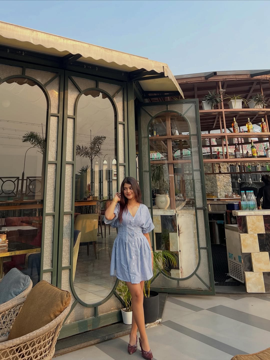 Customer photo 3 of V Neck Flared Button Down Mini Dress in Blue and White