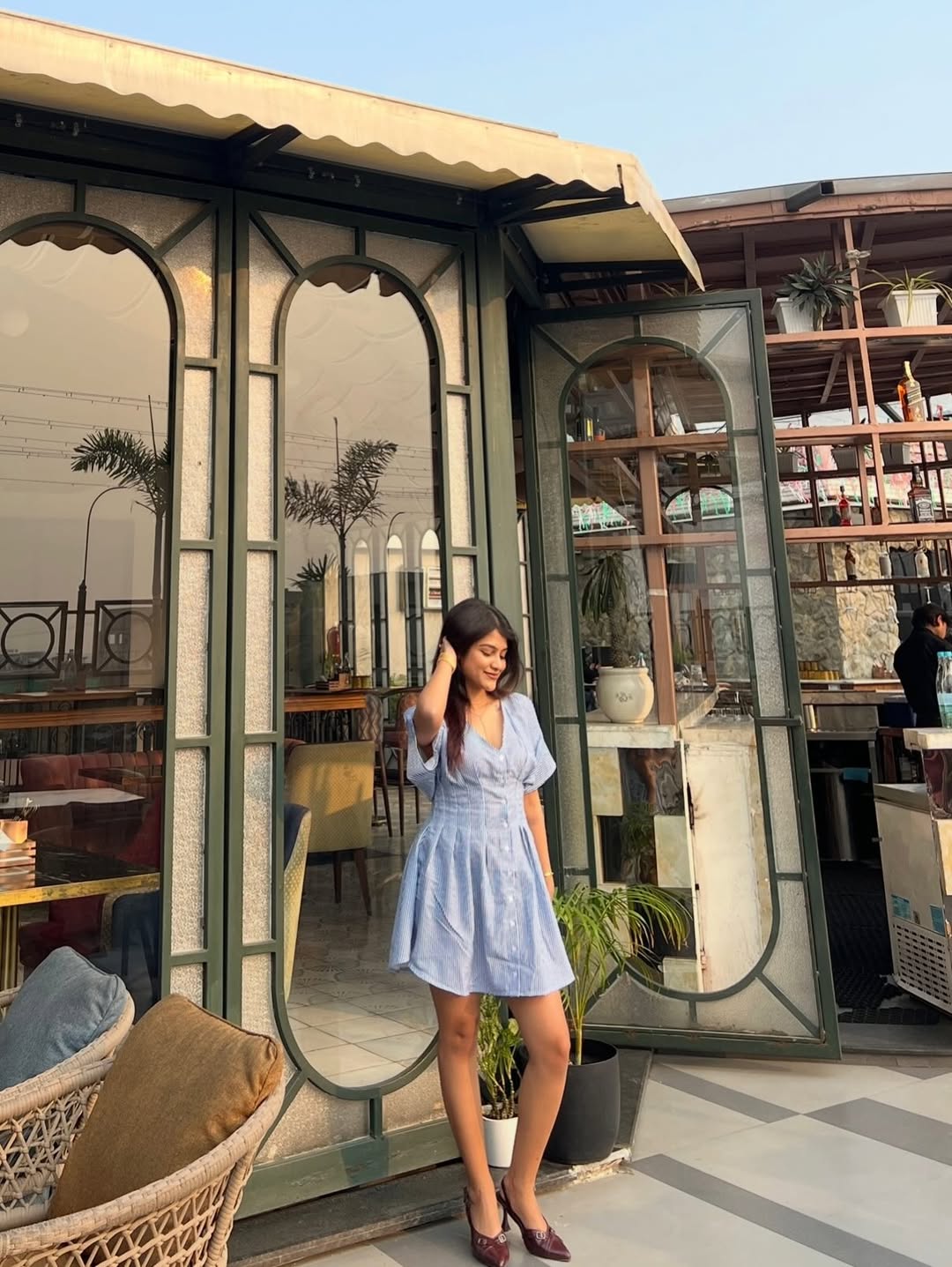 Customer photo 2 of V Neck Flared Button Down Mini Dress in Blue and White