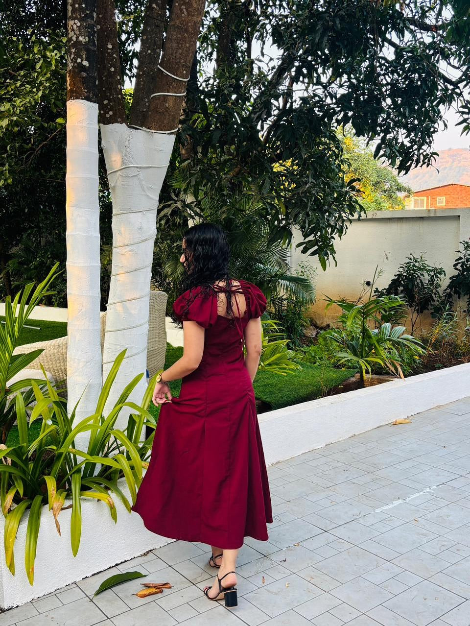 Customer photo 1 of Summer Elegant Solid Color Puff Sleeve Cinch Waist Dress In Maroon