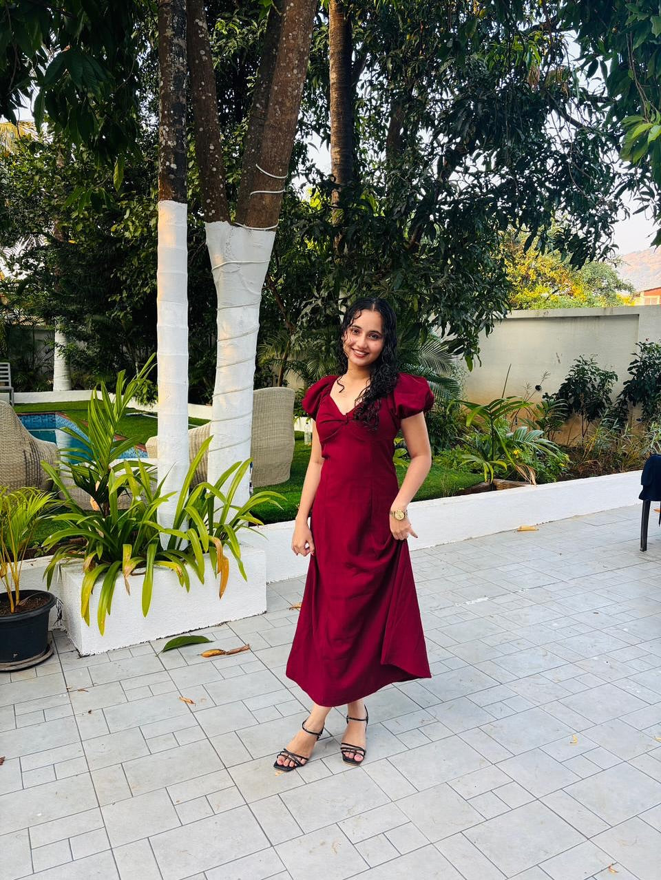 Customer photo 3 of Summer Elegant Solid Color Puff Sleeve Cinch Waist Dress In Maroon