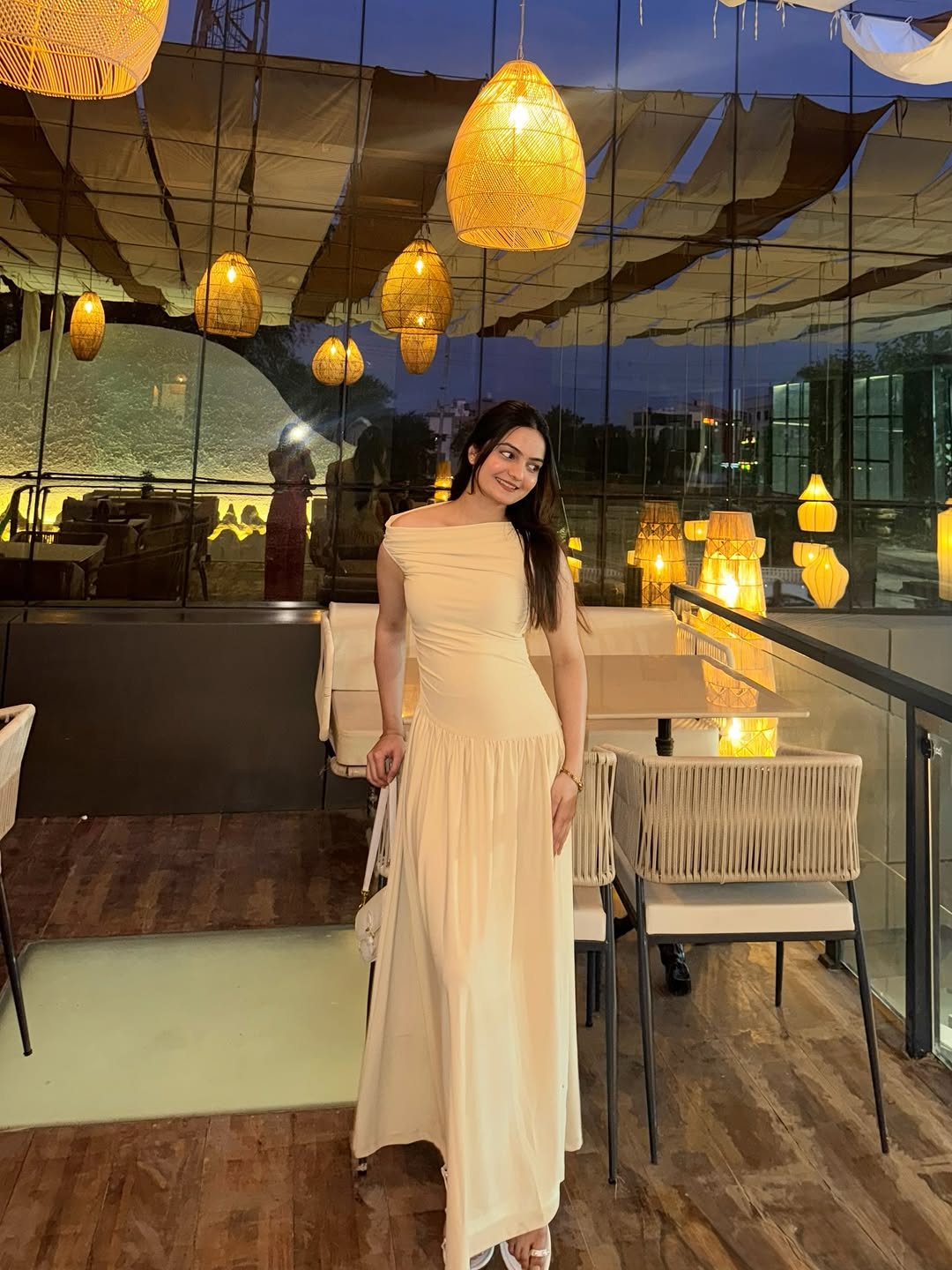 Customer photo 1 of Asymmetrical Neck Ruched Fit Beige Midi Dress