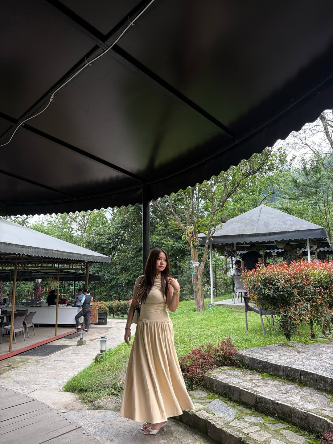 Customer photo 2 of Asymmetrical Neck Ruched Fit Beige Midi Dress