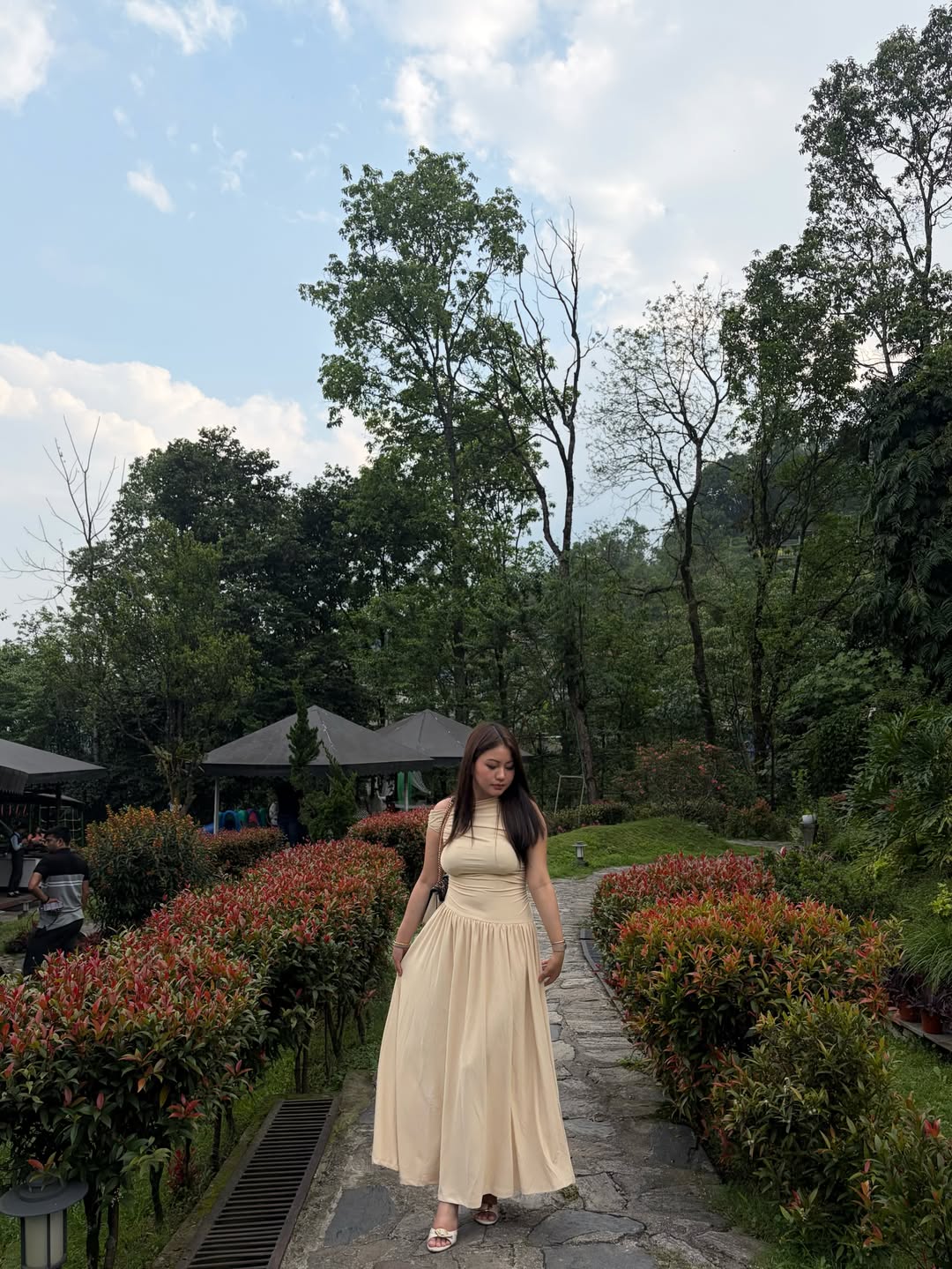 Customer photo 3 of Asymmetrical Neck Ruched Fit Beige Midi Dress