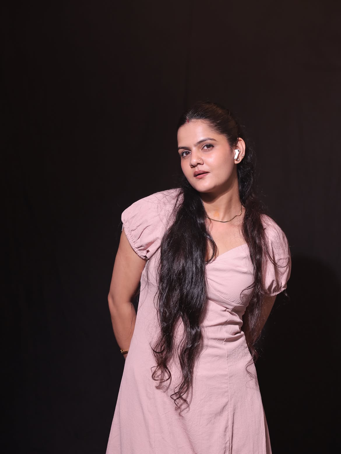 Customer photo 3 of Cinched Waist Puff Sleeve Flare Dress in Powder Pink