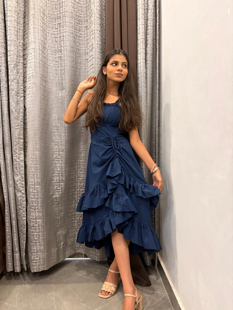 Customer photo 1 of Square Neck Ruffle Hem High Low Midi Dress in Navy Blue