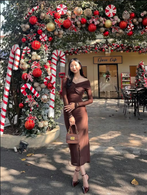 Customer photo 2 of Off Shoulder Mesh Ruched Fitted Dress With Long Sleeve in Coco