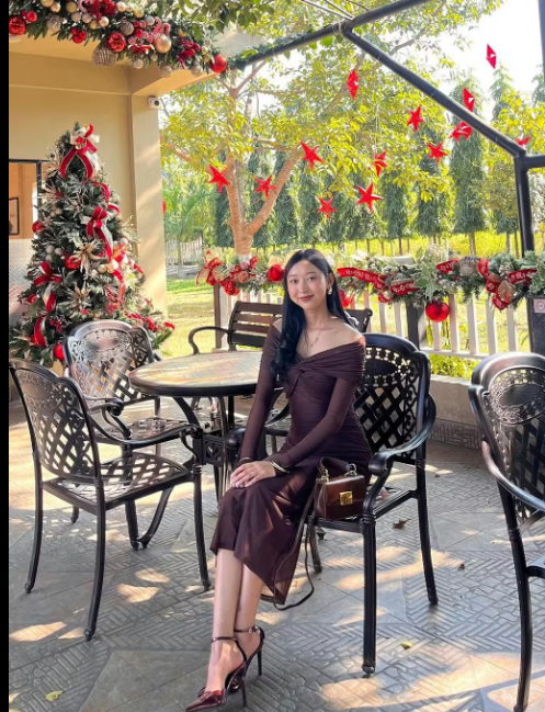 Customer photo 3 of Off Shoulder Mesh Ruched Fitted Dress With Long Sleeve in Coco