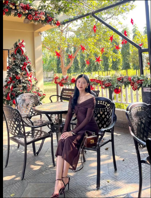 Customer photo 4 of Off Shoulder Mesh Ruched Fitted Dress With Long Sleeve in Coco