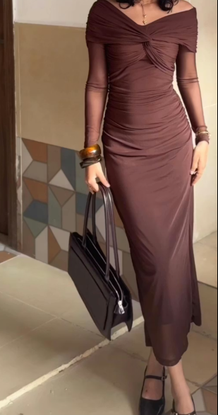 Customer photo 9 of Off Shoulder Mesh Ruched Fitted Dress With Long Sleeve in Coco