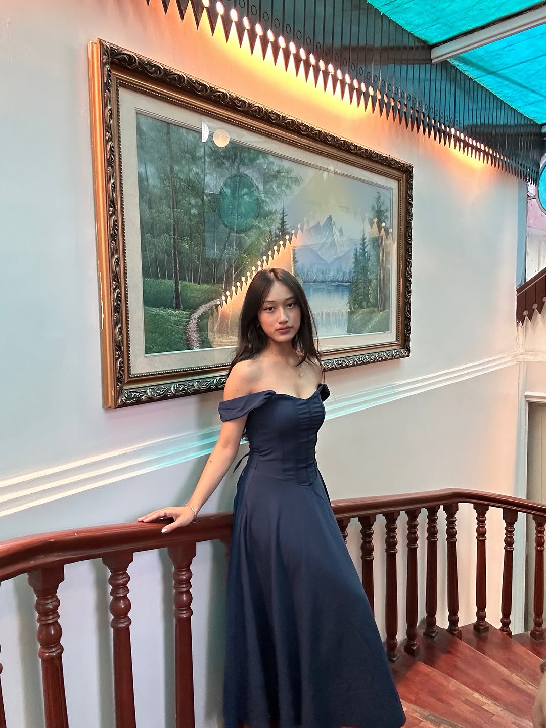 Customer photo 3 of Off-Shoulder Corset Fit & Flare Midi Dress in Navy Blue