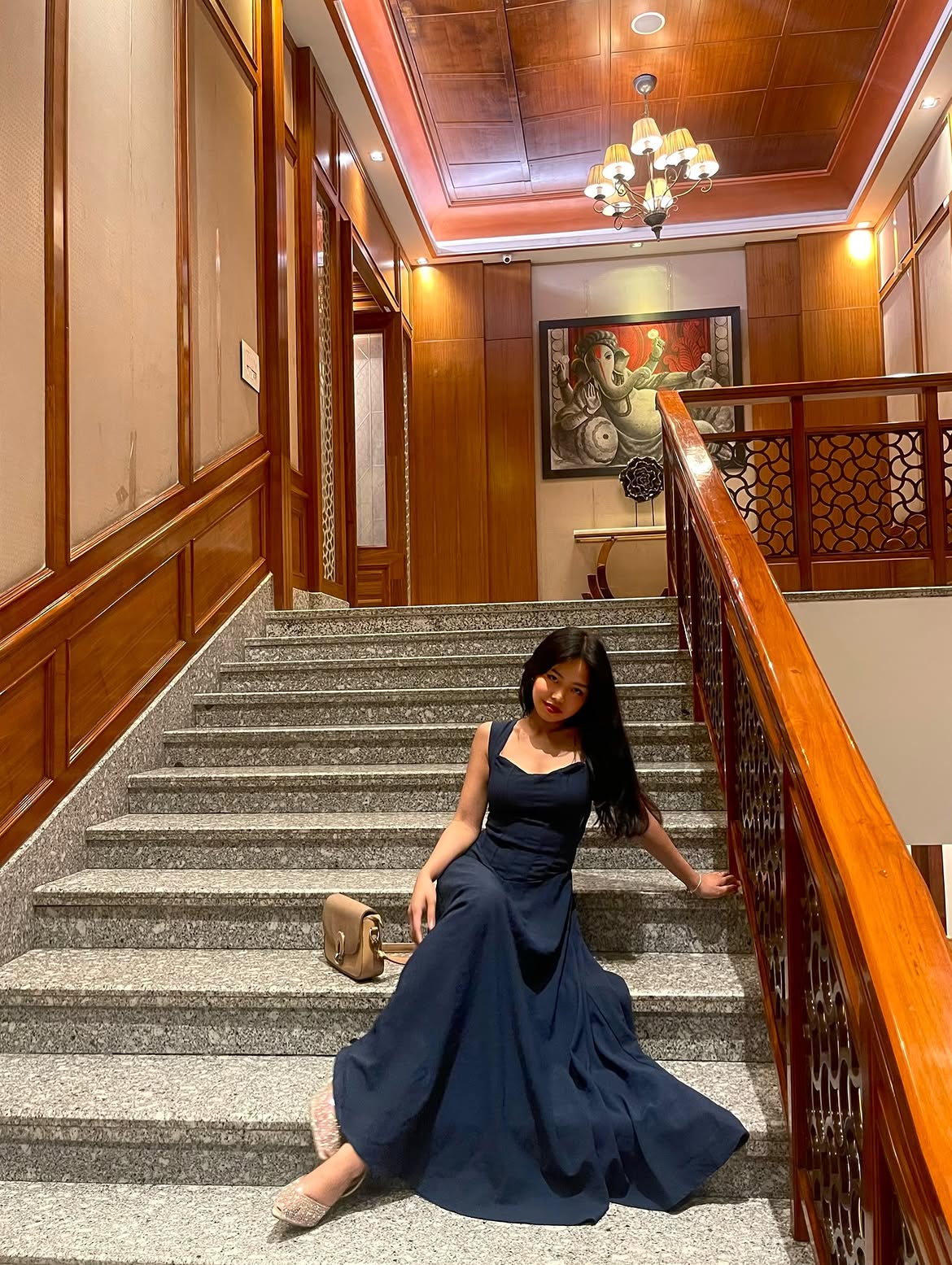 Customer photo 2 of Off-Shoulder Corset Fit & Flare Midi Dress in Navy Blue