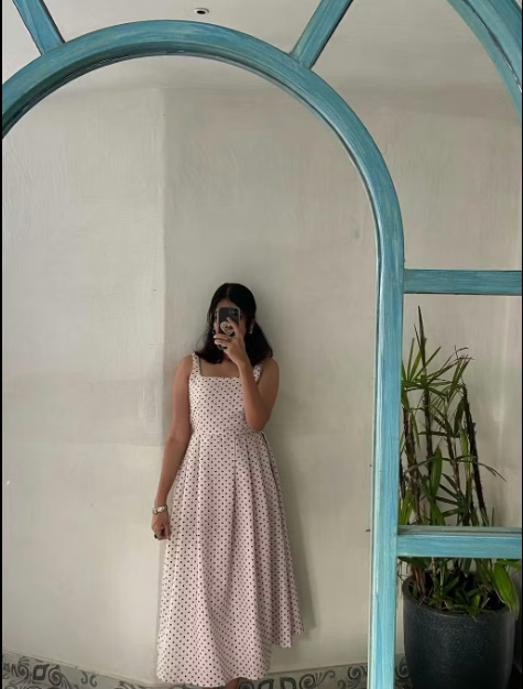 Customer photo 2 of Vintage-Inspired Polka Dot Fit and Flare Midi Dress in White