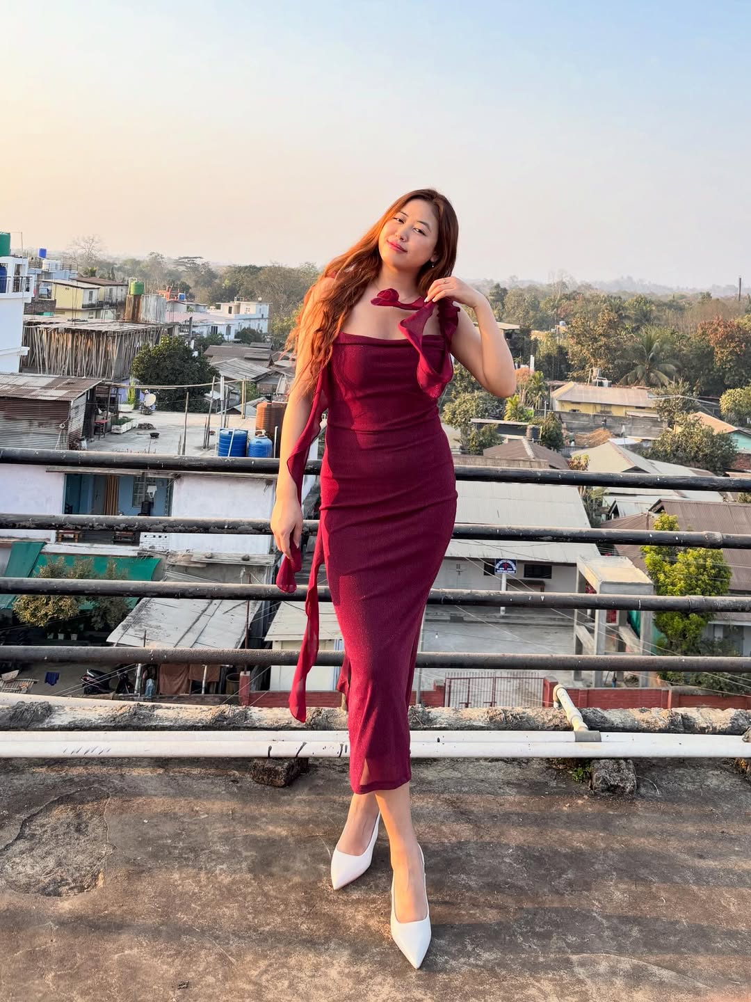 Customer photo 3 of Maroon Ruched Ruffle Mesh Sleeveless Bodycon Midi Dress