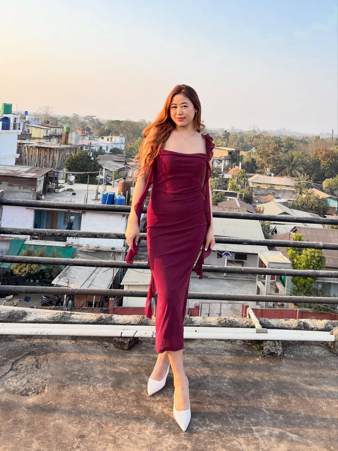 Customer photo 2 of Maroon Ruched Ruffle Mesh Sleeveless Bodycon Midi Dress