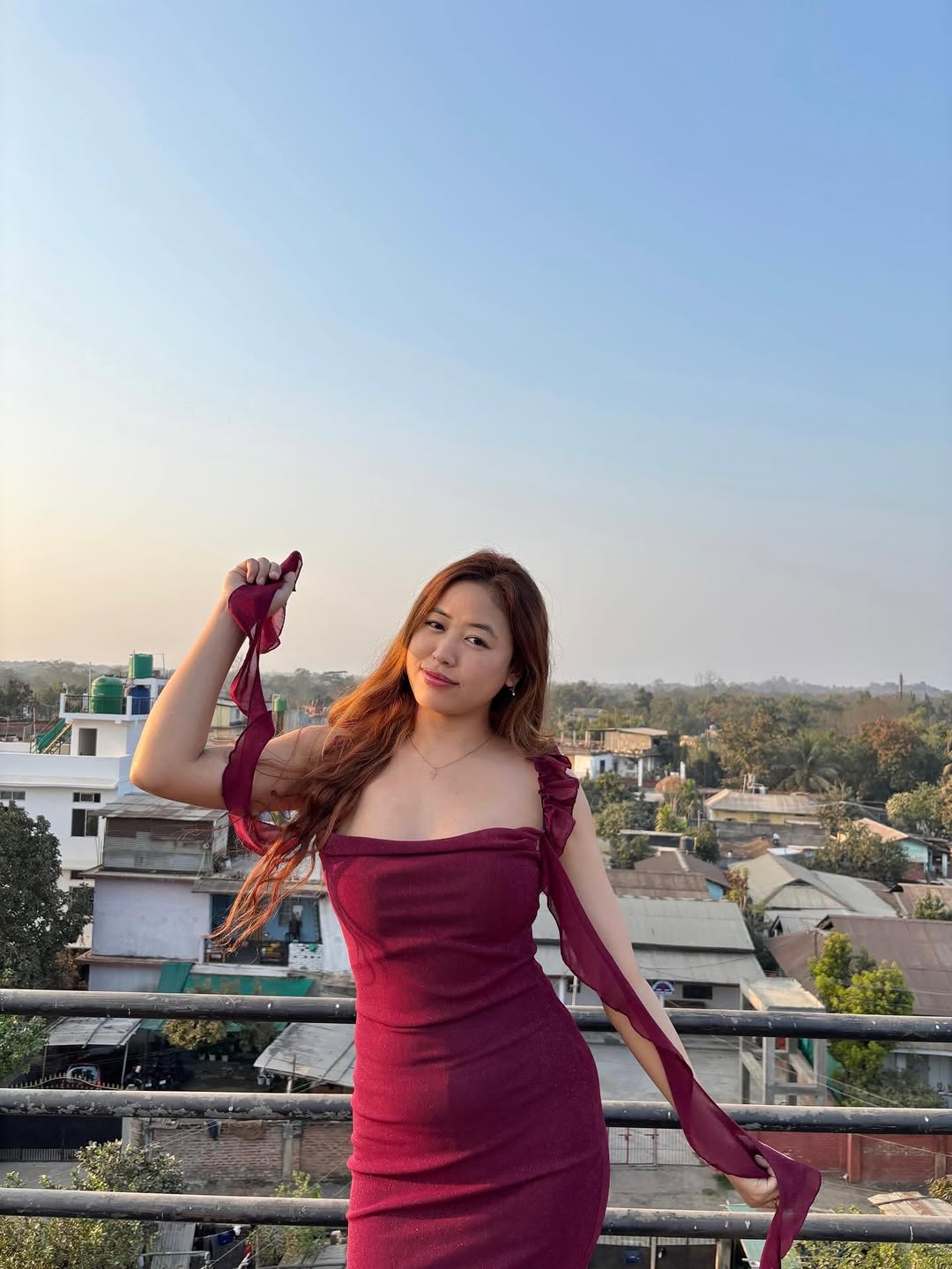 Customer photo 1 of Maroon Ruched Ruffle Mesh Sleeveless Bodycon Midi Dress