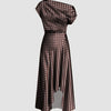 Brown Polka Dot Print One Shoulder Asymmetrical Midi Dress