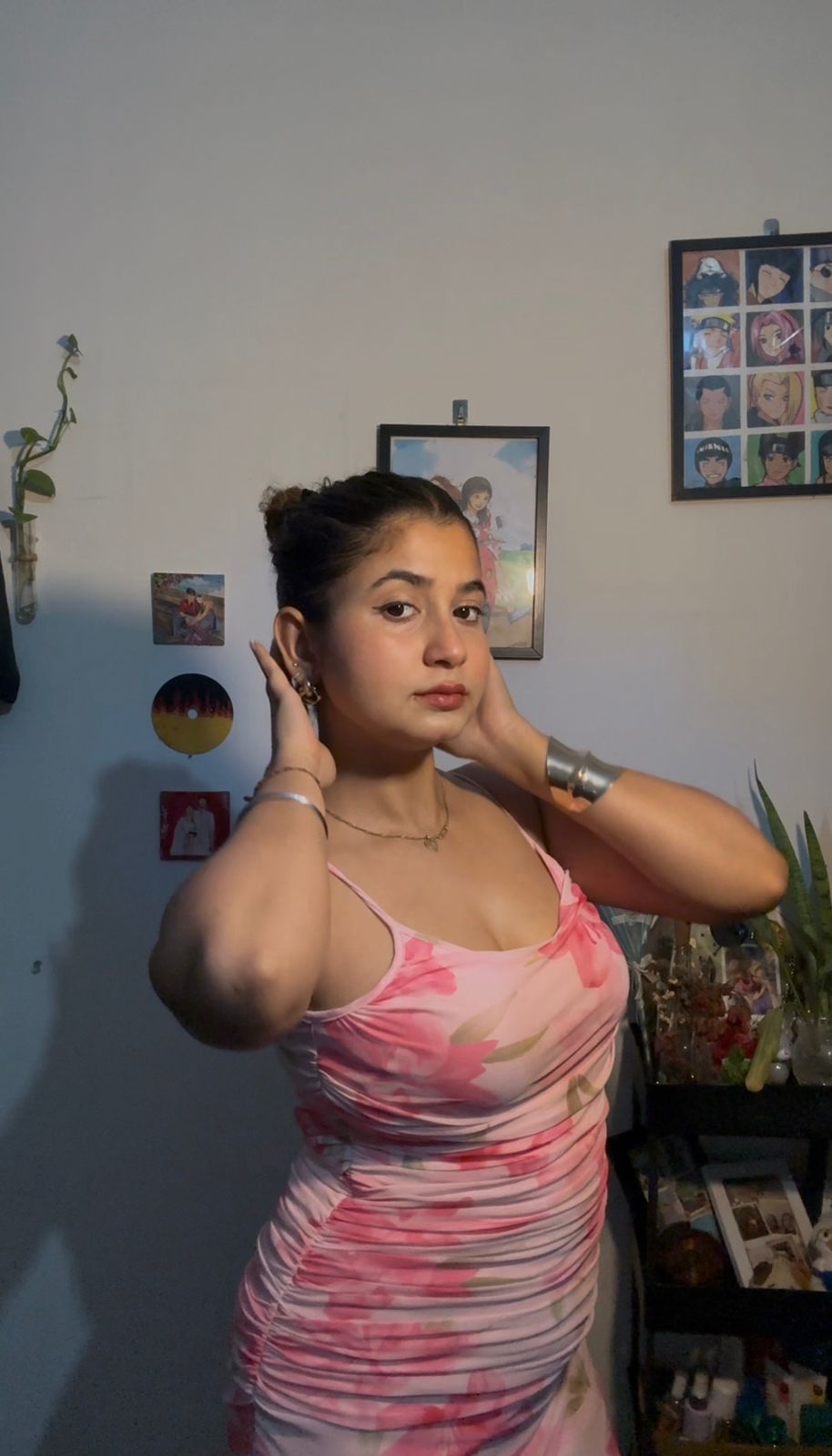 Customer photo 2 of Pink Floral Ruched Body Fit with Spaghetti Straps Midi Dress