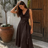 Party Draped Sleeveless Midi Dress With Tie Waist In Coffee Brown