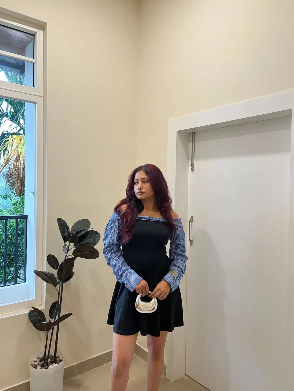 Customer photo 2 of Contrast Checkered Off Shoulder Flared Hem Mini Dress