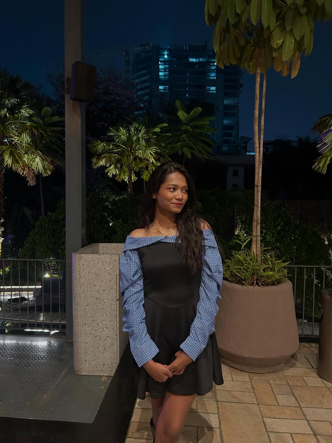 Customer photo 1 of Contrast Checkered Off Shoulder Flared Hem Mini Dress