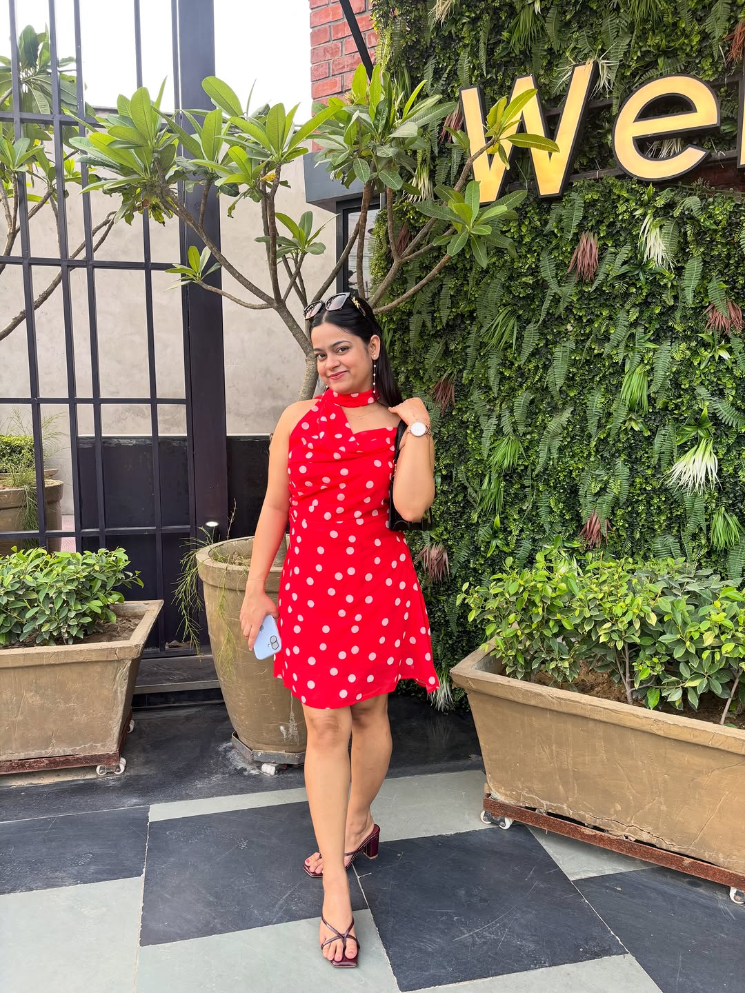 Customer photo 3 of Cowl Neck Polka Dot Ruched Mini Cami Dress with scarf
