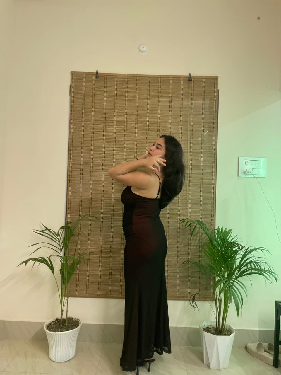 Customer photo 2 of Sheer Fishtail Hem Fitted Bodycon Maxi Dress in Black And Red