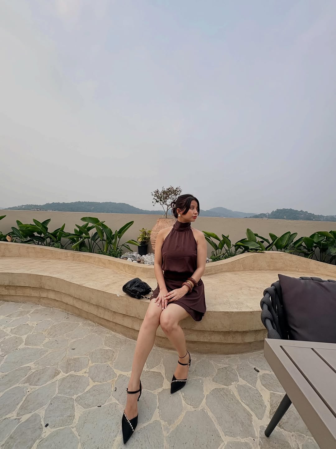 Customer photo 3 of Halter Neck Waist Ruched Flared Mini Dress in Coffee