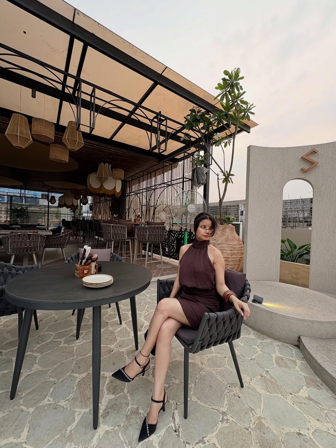 Customer photo 1 of Halter Neck Waist Ruched Flared Mini Dress in Coffee