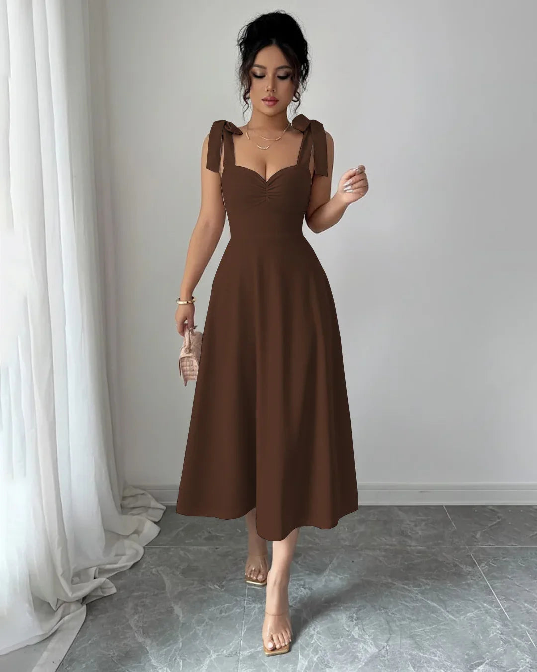 Dark Brown Sweetheart Tie-Strap Midi Dress