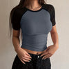 Dark Grey Round Neck Short Sleeve Fitted Top Front View for Women | Littlebox India