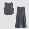 Front view of Grey waistcoat and wide-leg trousers set with buttoned vest, pleated high-waist pants, and a clean tailored co-ord style.