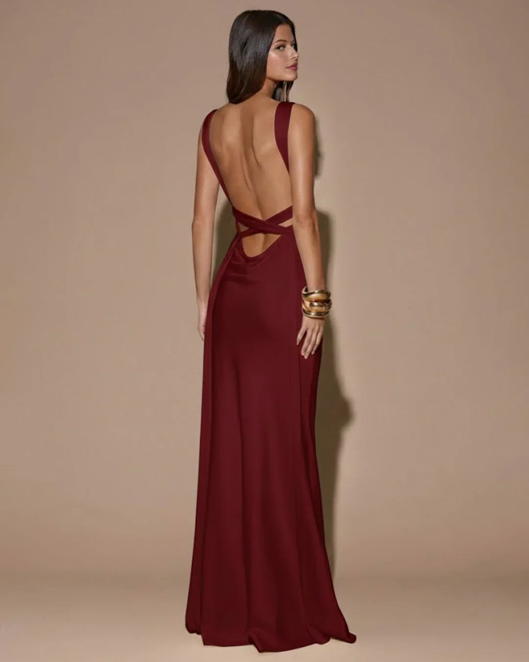 Red Deep V-Neck Backless Tie Maxi Dress  Littlebox India