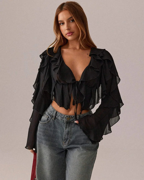 Front view of Black sheer mesh crop top with deep V-neck and long sleeves, slim-fit design with layered ruffle detail